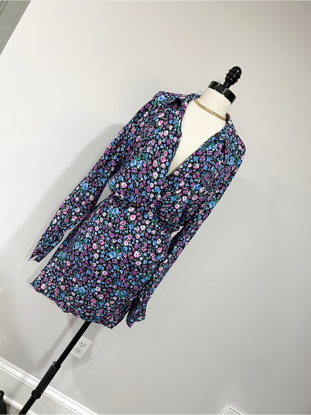 Zara Black Floral Long-Sleeve Wrap Dress with Pink & Blue Flowers
